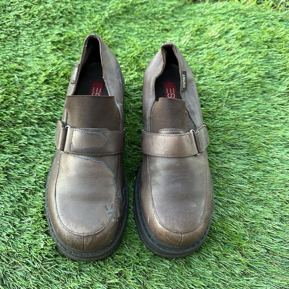 Vintage 90'S Esprit Shoes Womens Size 7 Chunky Heel Slip On Leather Bratz Brown